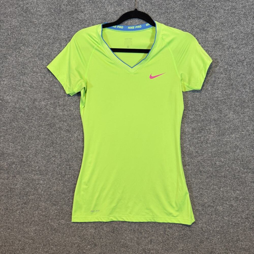 Nike Pro Shirt Women Small Yellow Short Sleeve Tshirt Swoosh Performance Stretch